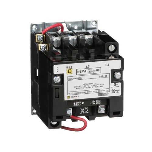 Schneider Electric 8502SBO1V02 NEMA Contactor, Type S, nonreversing, Size 0, 18A, 2 pole, 110/120 VAC 50/60 Hz coil, open style