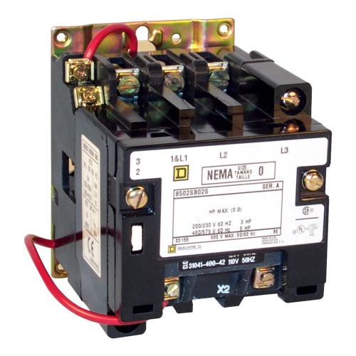 Schneider Electric 8502SBO2V03 NEMA Contactor, Type S, nonreversing, Size 0, 18A, 3 pole, 220/240 VAC 50/60 Hz coil, open style
