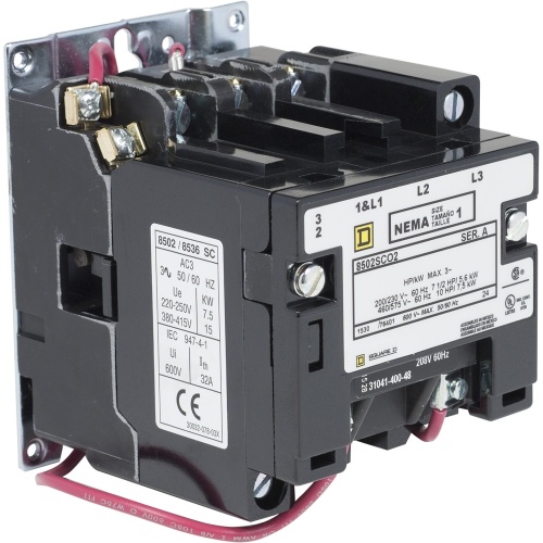 Schneider Electric 8502SCO2V08 NEMA Contactor, Type S, nonreversing, Size 1, 27A, 3 pole, 208 VAC 60 Hz coil, open style