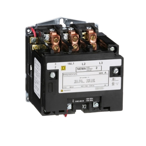 Schneider Electric 8502SDO2V08 NEMA Contactor, Type S, nonreversing, Size 2, 45A, 3 pole, 208 VAC 60 Hz coil, open style