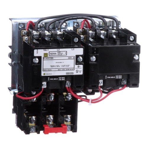 Schneider Electric 8736SCO8V02S NEMA Motor Starter, Type S, reversing, Size 1, 27A, 3 pole, horizontal, 120 VAC coil, melting alloy overload, open style