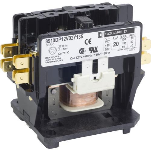 Schneider Electric 8910DP12V02Y181Y254 Contactor, Definite Purpose, 20A, 2 pole, 110/120 VAC 50/60 Hz coil, open, with cover, modified, bulk packaged