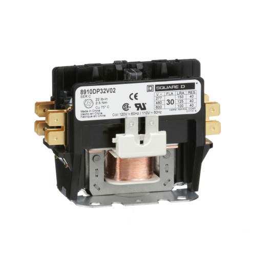 Schneider Electric 8910DP32V02 Contactor, Definite Purpose, 30A, 2 pole, 110/120 VAC 50/60 Hz coil, open