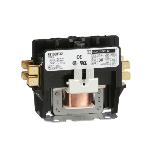 Schneider Electric 8910DP32V06 Contactor, Definite Purpose, 30A, 2 pole, 440/480 VAC 50/60 Hz coil, open