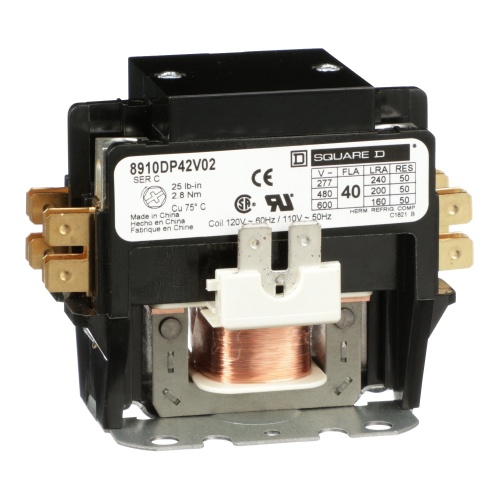 Schneider Electric 8910DP42V02 Contactor, Definite Purpose, 40A, 2 pole, 110/120 VAC 50/60 Hz coil, open