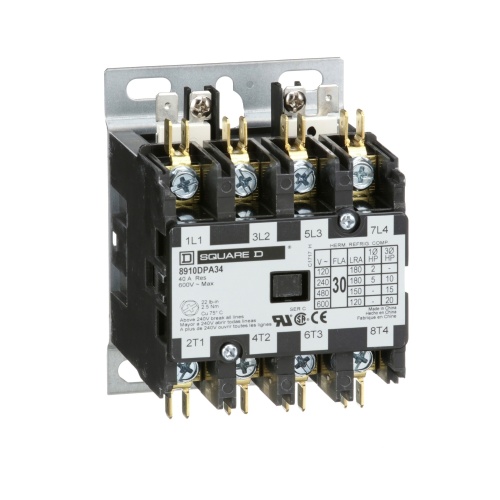 Schneider Electric 8910DPA34V04 Contactor, Definite Purpose, 30A, 4 pole, 20 HP at 575 VAC, 3 Phase, 277 VAC 60 Hz coil, open