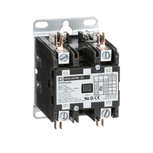Schneider Electric 8910DPA42V09 Contactor, Definite Purpose, 40A, 2 pole, 7.5 HP at 230 VAC, 1 Phase, 208/240 VAC 60 Hz 220 VAC 50 Hz coil, open