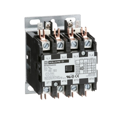 Schneider Electric 8910DPA44V02 Contactor, Definite Purpose, 40A, 4 pole, 25 HP at 575 VAC, 3 Phase, 110/120 VAC 50/60 Hz coil, open
