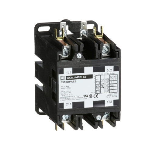Schneider Electric 8910DPA52V09 Contactor, Definite Purpose, 50A, 2 pole, 10 HP at 230 VAC, 1 Phase, 208/240 VAC 60 Hz 220 VAC 50 Hz coil, open