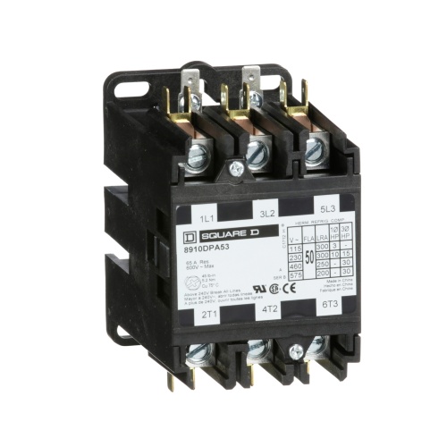 Schneider Electric 8910DPA53V06 Contactor, Definite Purpose, 50A, 3 pole, 30 HP at 575 VAC, 3 Phase, 440/480 VAC 50/60 Hz coil, open