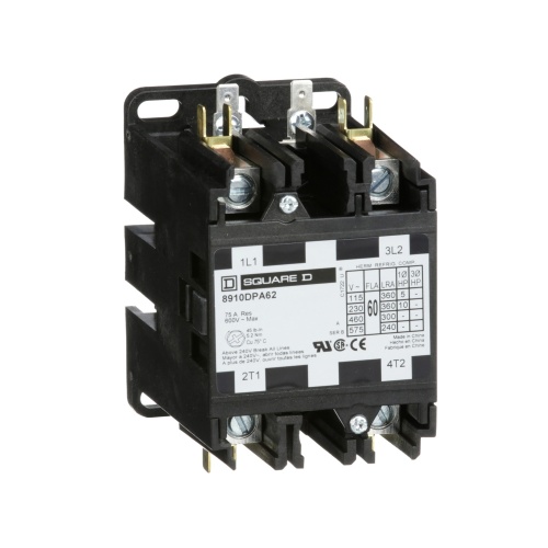 Schneider Electric 8910DPA62V02 Contactor, Definite Purpose, 60A, 2 pole, 10 HP at 230 VAC, 1 Phase, 110/120 VAC 50/60 Hz coil, open