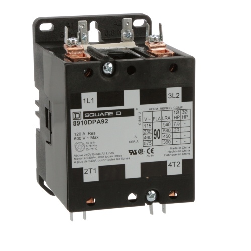 Schneider Electric 8910DPA92V02 Contactor, Definite Purpose, 90A, 2 pole, 20 HP at 230 VAC, 1 Phase, 110/120 VAC 50/60 Hz coil, open