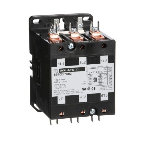 Schneider Electric 8910DPA93V02 Contactor, Definite Purpose, 90A, 3 pole, 50 HP at 575 VAC, 3 Phase, 110/120 VAC 50/60 Hz coil, open