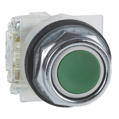 Schneider Electric 9001KR1GH5 Harmony 30 mm Octagonal Green Chromium plated metal Push Button Non-Illuminated Flush 1 NO Modular Complete Assembly