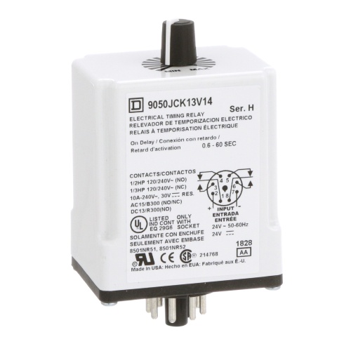 Schneider Electric 9050JCK13V14 Timing Relay, Type JCK, plug In, on delay, adjustable time, 0.6 to 60 seconds, 10A, 240 VAC, 24 VAC/DC