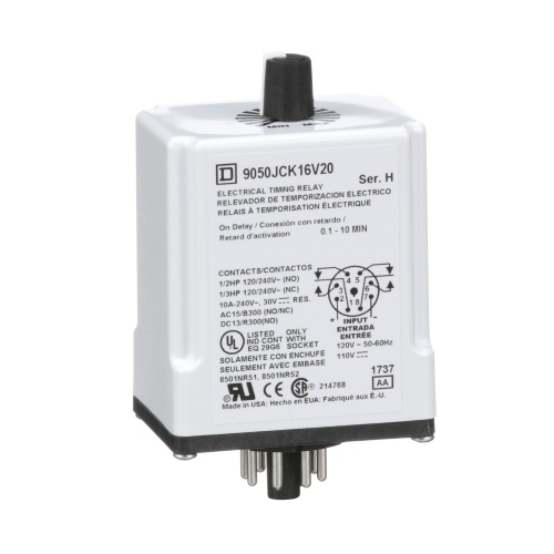 Schneider Electric 9050JCK16V20 Timing Relay, Type JCK, plug In, on delay, adjustable time, 0.1 to 10 minutes, 10A, 240 VAC, 120 VAC/110 VDC