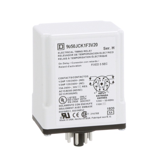 Schneider Electric 9050JCK1F3V20 Timing Relay, Type JCK, plug In, on delay, fixed time, 3 seconds, 10A, 240 VAC, 120 VAC/110 VDC