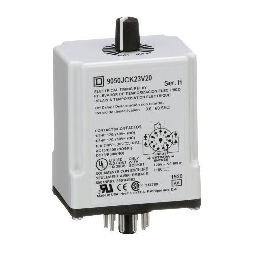 Schneider Electric 9050JCK23V20 Timing Relay, Type JCK, plug In, off delay, adjustable time, 0.6 to 60 seconds, 10A, 240 VAC, 120 VAC/110 VDC