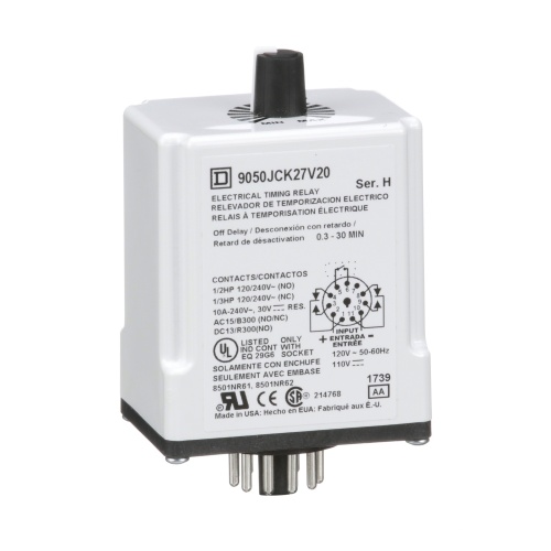 Schneider Electric 9050JCK27V20 Timing Relay, Type JCK, plug In, off delay, adjustable time, 0.3 to 30 minutes, 10A, 240 VAC, 120 VAC/110 VDC