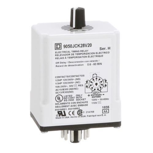 Schneider Electric 9050JCK28V20 Timing Relay, Type JCK, plug In, off delay, adjustable time, 0.6 to 60 minutes, 10A, 240 VAC, 120 VAC/110 VDC