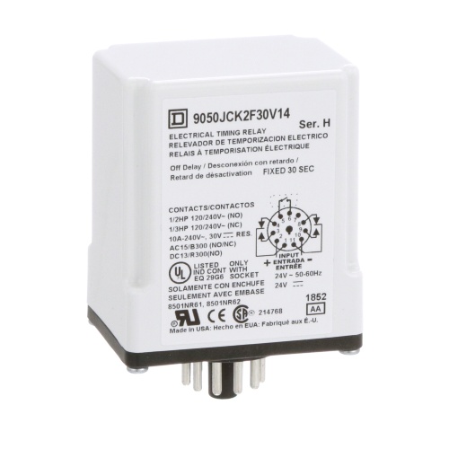 Schneider Electric 9050JCK2F30V14 Timing Relay, Type JCK, plug In, off delay, fixed time, 30 seconds, 10A, 240 VAC, 24 VAC/DC