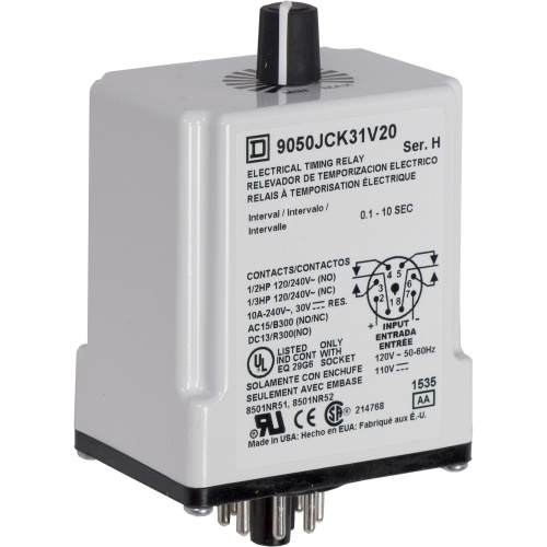 Schneider Electric 9050JCK31V20 Timing Relay, Type JCK, plug In, interval, adjustable time, 0.1 to 10 seconds, 10A, 240 VAC, 120 VAC/110 VDC