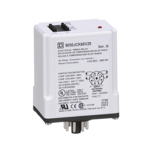 Schneider Electric 9050JCK60V20 Timing Relay, Type JCK, plug In, on delay, programmable, 0.5 second to 999 hours, 10A, 240 VAC, 120 VAC/110 VDC