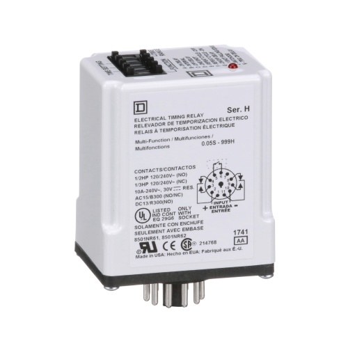 Schneider Electric 9050JCK70V14 Timing Relay, Type JCK, plug In, multifunction, programmable, 0.5 second to 999 hours, 10A, 240 VAC, 24 VAC/DC