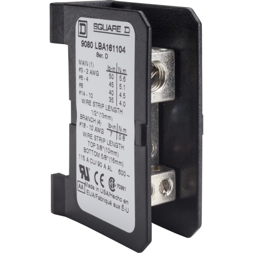 Schneider Electric 9080LBA161104 Power distribution block, Linergy, 1 pole, 1 line, 4 load, 115A CU, 90A AL, 600 V