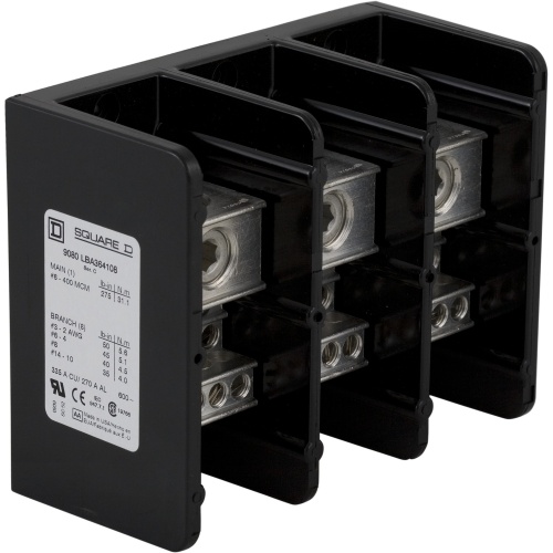 Schneider Electric 9080LBA364108 Power distribution block, Linergy, 3 pole, 1 line, 8 load, 335A CU, 270A AL, 600 V