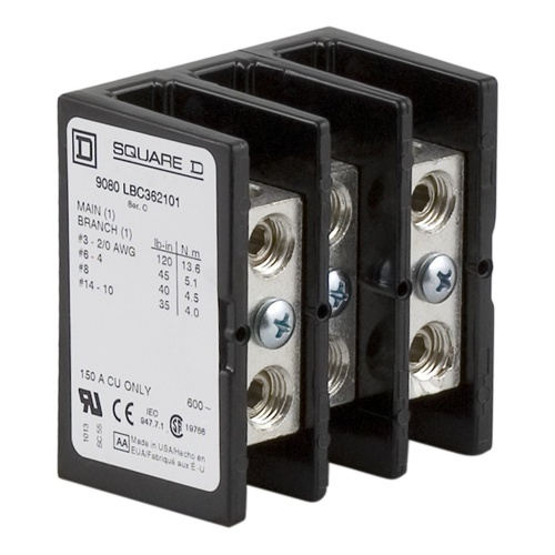 Schneider Electric 9080LBC362101 Power distribution block, Linergy, 3 pole, 1 line, 1 load, 150A CU, 600 V