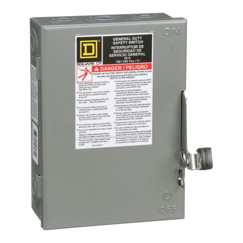 Schneider Electric D211N Safety switch, general duty, fusible, 30A, 2 poles, 3 hp, 120 VAC, NEMA 1, neutral factory installed