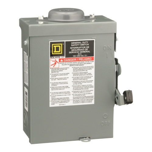 Schneider Electric D211NRB Safety switch, general duty, fusible, 30A, 2 poles, 3 hp, 120 VAC, NEMA 3R, bolt-on provision, neutral factory installed