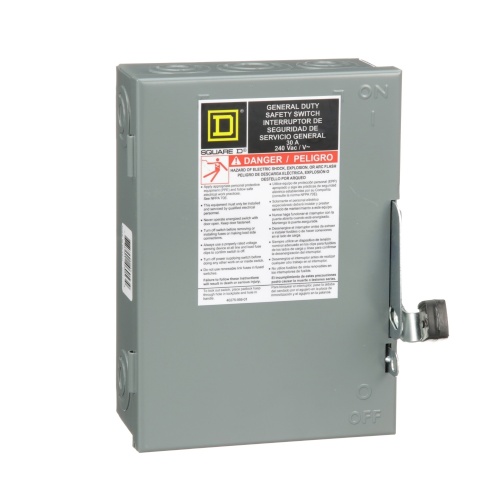 Schneider Electric D221N Safety switch, general duty, fusible, 30A, 2 poles, 7.5 hp, 120 VAC, NEMA 1, neutral factory installed