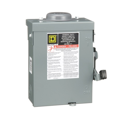 Schneider Electric D221NRB Safety switch, general duty, fusible, 30A, 2 poles, 7.5 hp, 120 VAC, NEMA 3R, bolt-on provision, neutral factory installed