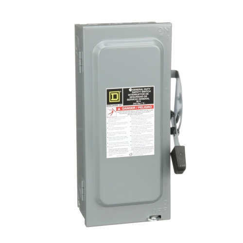 Schneider Electric D222N Safety switch, general duty, fusible, 60A, 2 poles, 15 hp, 120 VAC, NEMA 1, neutral factory installed