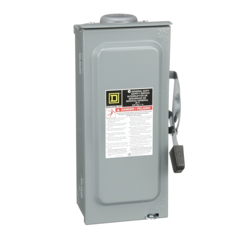 Schneider Electric D222NRB Safety switch, general duty, fusible, 60A, 2 poles, 15 hp, 120 VAC, NEMA 3R, bolt-on provision, neutral factory installed