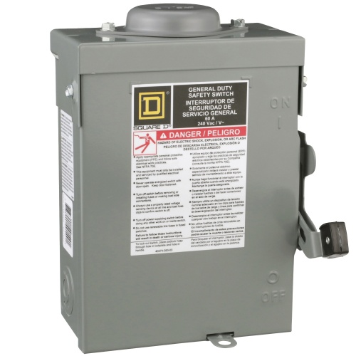 Schneider Electric DU222RB Safety switch, general duty, non fusible, 60A, 2 poles, 10 hp, 240 VAC, NEMA 3R, bolt-on provision