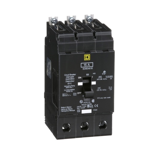 Schneider Electric EDB34015 E Frame, circuit breaker, 15 A, 3 pole, 480Y/277 V, 18/25 kA, bolt on