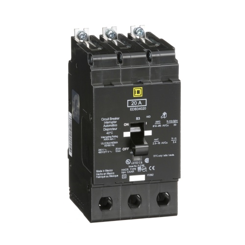 Schneider Electric EDB34020 E Frame, circuit breaker, 20 A, 3 pole, 480Y/277 V, 18/25 kA, bolt on