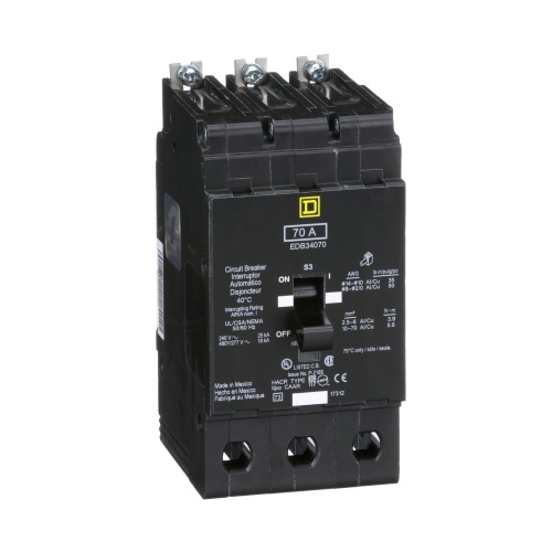 Schneider Electric EDB34070 E Frame, circuit breaker, 70 A, 3 pole, 480Y/277 V, 18/25 kA, bolt on
