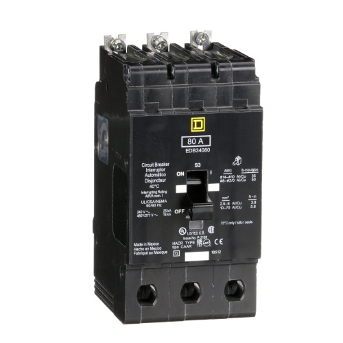 Schneider Electric EDB34080 E Frame, circuit breaker, 80 A, 3 pole, 480Y/277 V, 18/25 kA, bolt on