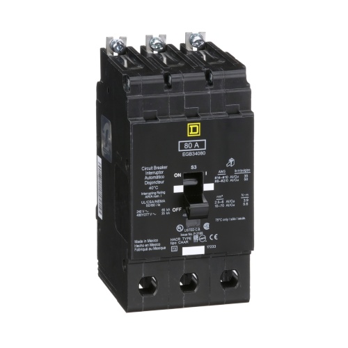 Schneider Electric EGB34080 E Frame, circuit breaker, 80 A, 3 pole, 480Y/277 V, 35/65 kA, bolt on