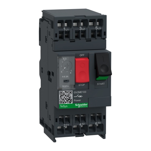 Schneider Electric GV2ME103 TeSys GV2 Manual Starter and Protector, thermal magnetic circuit protector, push buttons, 4...6.3 A, spring terminals