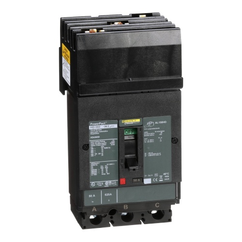 Schneider Electric HDA36050 Circuit breaker, PowerPact H, I Line, thermal magnetic, 50A, 3 pole, 600V, 14kA, phase ABC