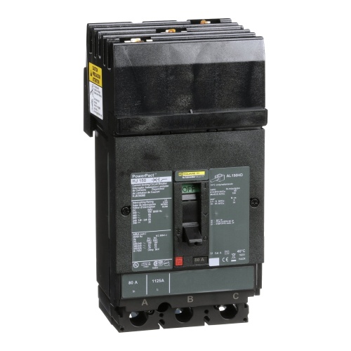 Schneider Electric HJA36080 Circuit breaker, PowerPact H, I Line, thermal magnetic, 80A, 3 pole, 600V, 25kA, phase ABC