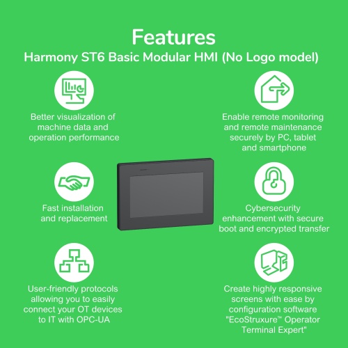 Schneider Electric HMISTM6400FW - Touch panel display, Harmony ST6, 7"W display, 1COM, 2Ethernet, USB host&device, 24 VDC, no Logo on front display