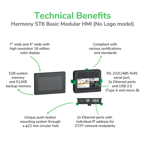 Schneider Electric HMISTM6400FW - Touch panel display, Harmony ST6, 7"W display, 1COM, 2Ethernet, USB host&device, 24 VDC, no Logo on front display