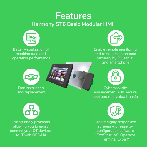 Schneider Electric HMISTM6400 - touch panel display, Harmony ST6, 7inch wide display, 1COM, 2Ethernet, USB host&device, 24V DC