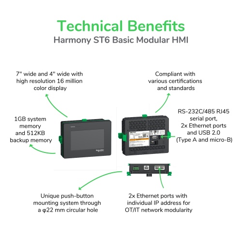 Schneider Electric HMISTM6400 - touch panel display, Harmony ST6, 7inch wide display, 1COM, 2Ethernet, USB host&device, 24V DC